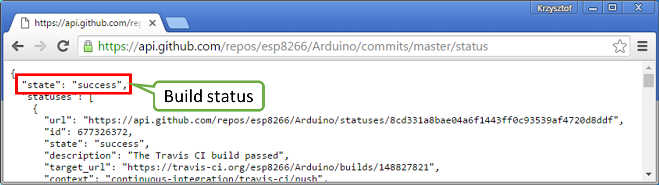 Build status of esp8266 / Arduino repository in JSON fromat